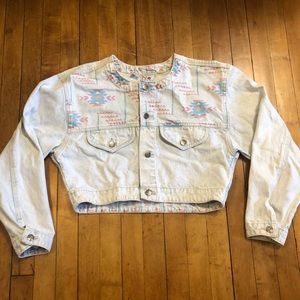 Vintage Nuovo 90s Acid Wash Denim Cropped Jacket Aztec Boho Pattern